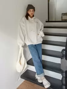 DAZY Star Print Drop Shoulder Hoodie Y2k,Long Sleeve Tops,Fall Women Clothes Sweatshirt - Beige - View 9