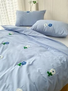 Floral Embroidery Duvet Cover Set Without Filler - Blue - View 1