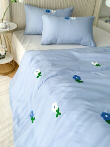 Floral Embroidery Duvet Cover Set Without Filler - Blue - View 3