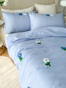 Floral Embroidery Duvet Cover Set Without Filler - Blue - View 5