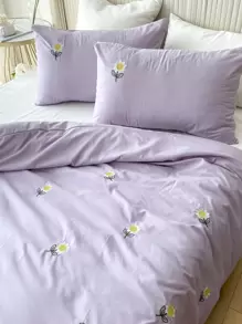 Bộ 3 món ga trải giường và vỏ gối thêu hoa 100% polyester, bộ đồ giường hiện đại bằng polyester phù hợp cho mọi mùa. - Màu tím - Xem 1