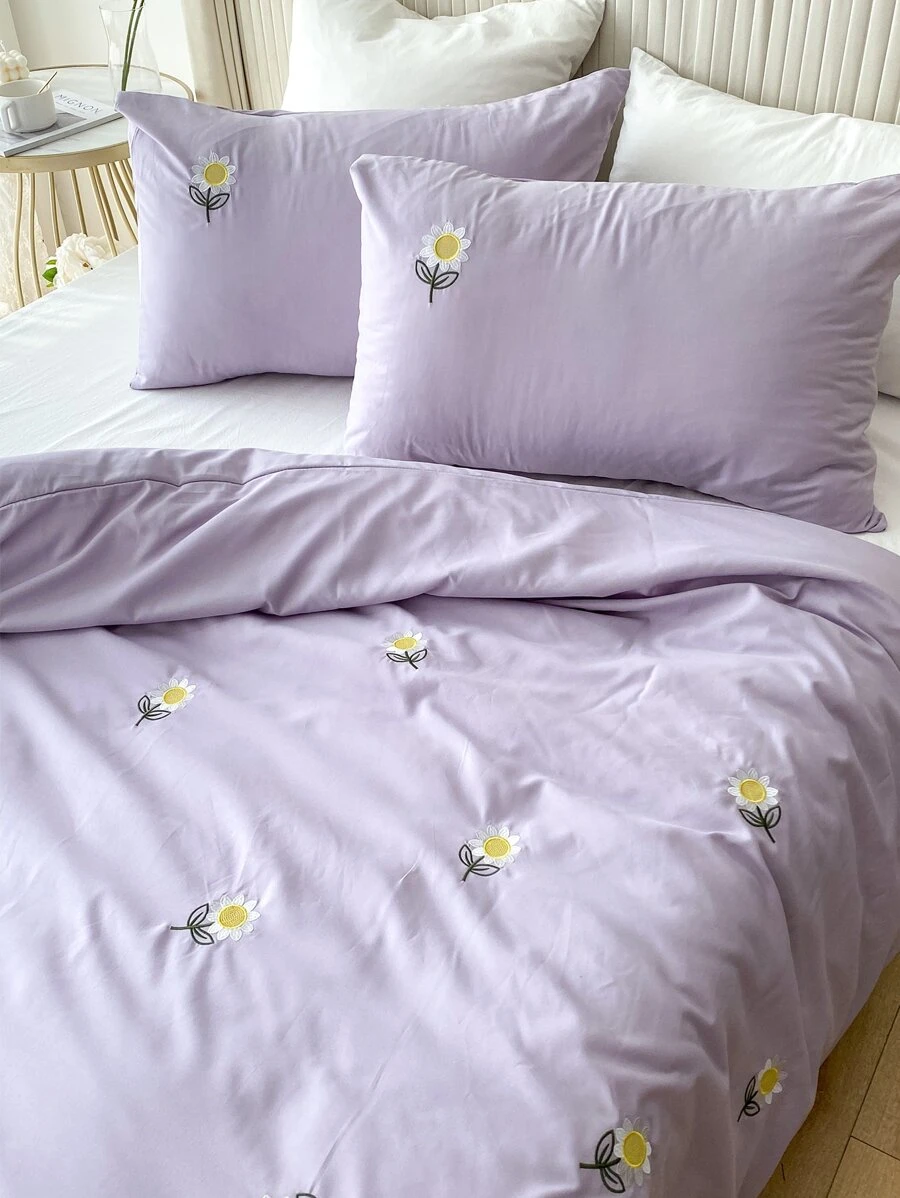 Bộ 3 món ga trải giường và vỏ gối thêu hoa 100% polyester, bộ đồ giường hiện đại bằng polyester phù hợp cho mọi mùa. - Màu tím - Xem 1