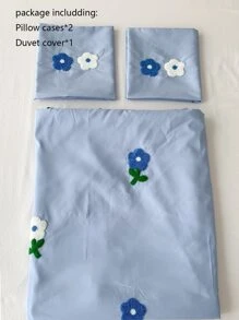Floral Embroidery Duvet Cover Set Without Filler - Blue - View 6
