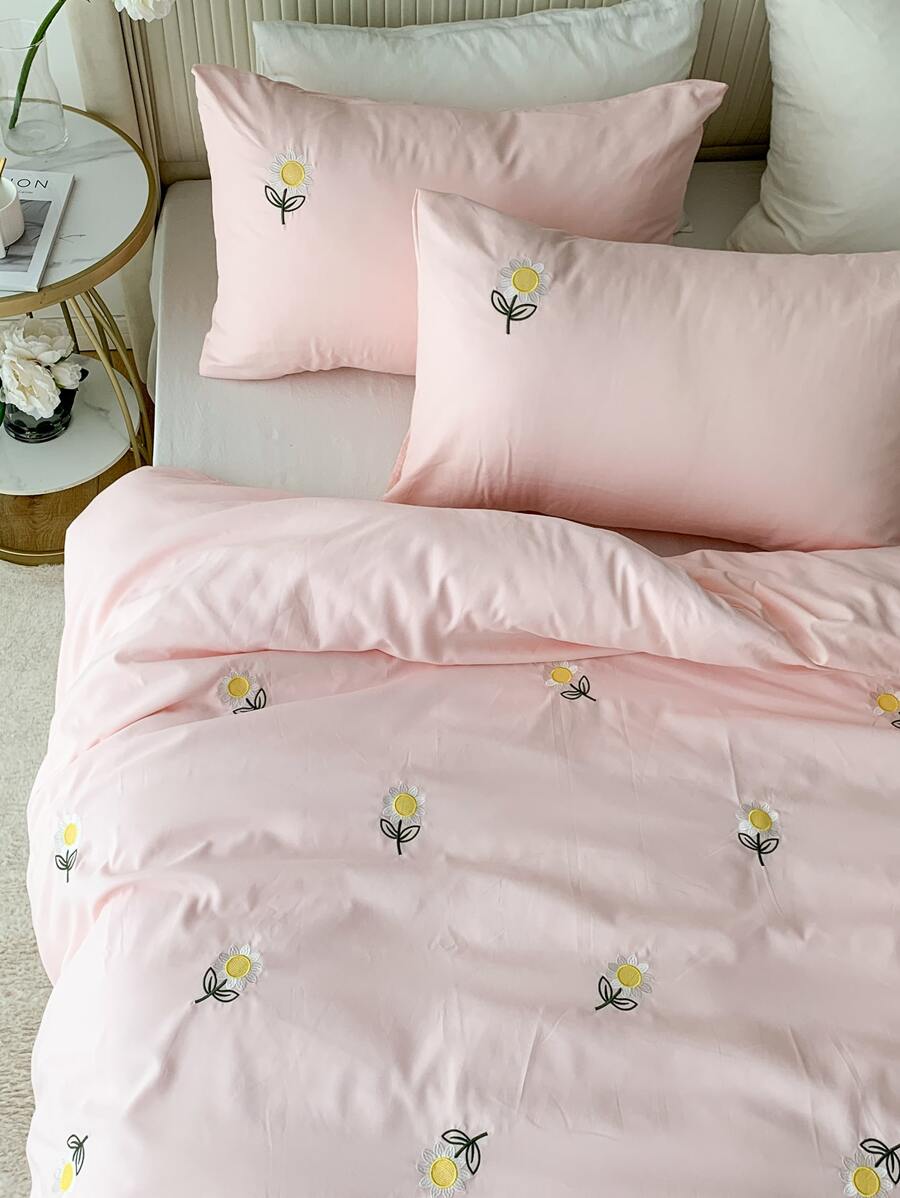 Floral Embroidery Duvet Cover Set Without Filler - Pink - View 1