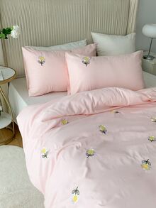 Floral Embroidery Duvet Cover Set Without Filler - Pink - View 5