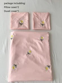 Floral Embroidery Duvet Cover Set Without Filler - Pink - View 7