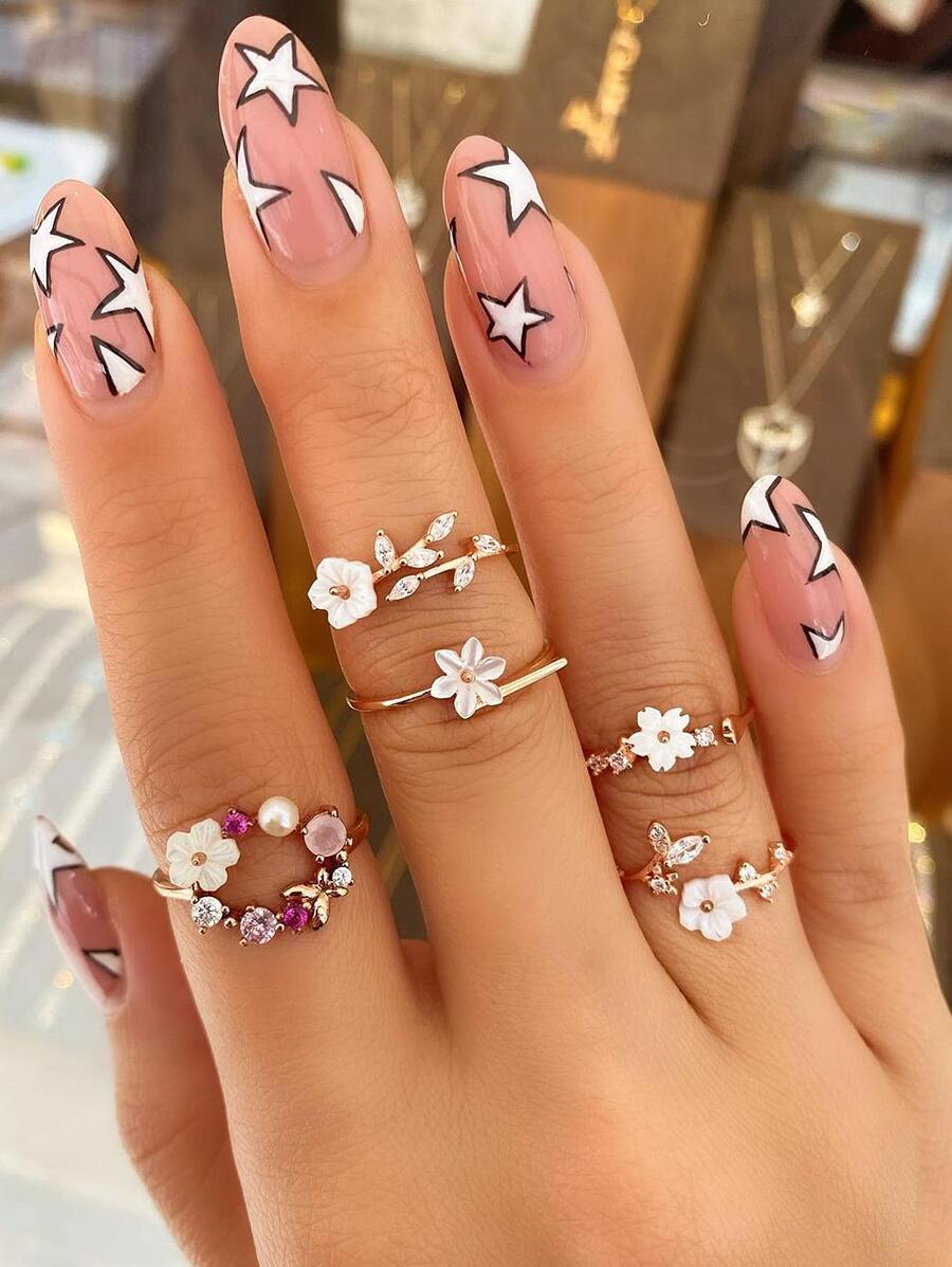 5 piezas Anillo con diseño de diamante de imitación & de flor - Amarillo Oro - Ver 1