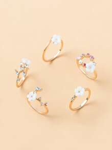 5 piezas Anillo con diseño de diamante de imitación & de flor - Amarillo Oro - Ver 2