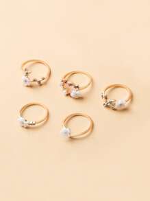 5 piezas Anillo con diseño de diamante de imitación & de flor - Amarillo Oro - Ver 3