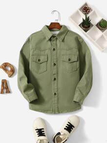 SHEIN Boys Flap Pocket Denim Jacket - Army Green - View 1