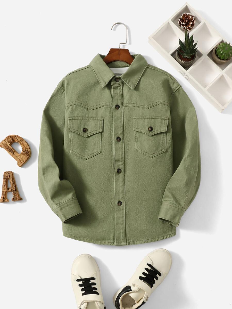 SHEIN Boys Flap Pocket Denim Jacket - Army Green - View 1