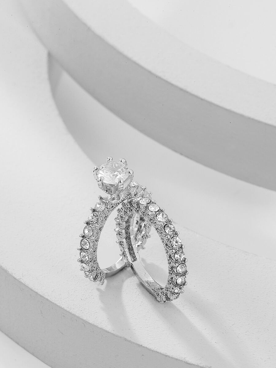 2入組情侶水鑽裝飾戒指 - 銀色 - 查看 1