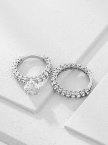 2入組情侶水鑽裝飾戒指 - 銀色 - 查看 2