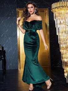 YISIKADO Off Shoulder Mermaid Hem Belted Velvet Dress - Dark Green - View 7