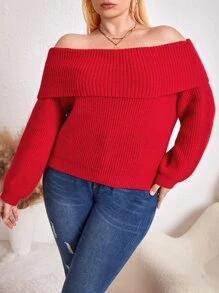 Plus Off Shoulder Foldover Jumper - Red - View 3