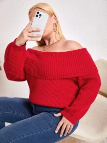 Plus Off Shoulder Foldover Jumper - Red - View 1