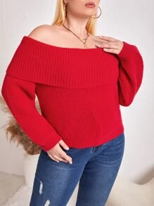 Plus Off Shoulder Foldover Jumper - Red - View 4