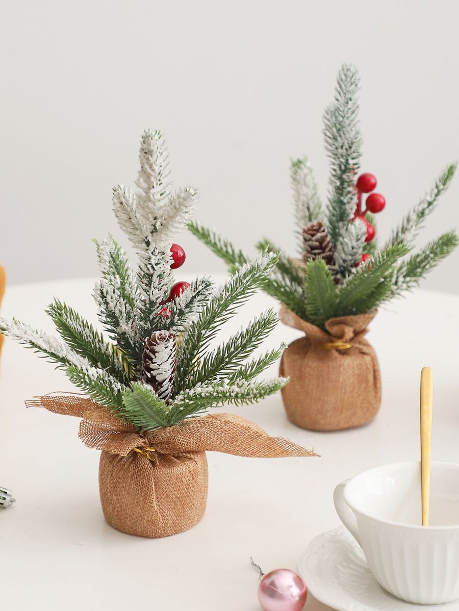 1pc Decorations Mini Trees, Snow Flocked Tree With Pine Cones Red Berries For Decor Party Home Table Craft Best Gifts Birthday Home Decor Christmas Decorations Room Decor Christmas Winter Christmas Decorations Home Christmas Gifts Christmas Decor