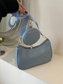 Minimalist Hobo Bag With Coin Purse , Women Bag With Dime Bag - Dusty Blue - View 2