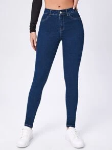 SHEIN Essnce 高腰緊身牛仔褲 - 深色水洗藍 - 查看 1