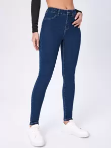 SHEIN Essnce 高腰緊身牛仔褲 - 深色水洗藍 - 查看 6