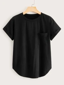 SHEIN LUNE Plus Pocket Front Curved Hem Tee - Black - View 1