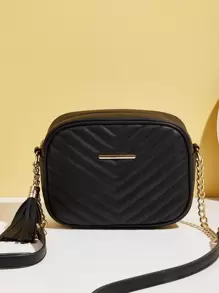 Tassel Decor Chevron Square Bag - Black - View 1