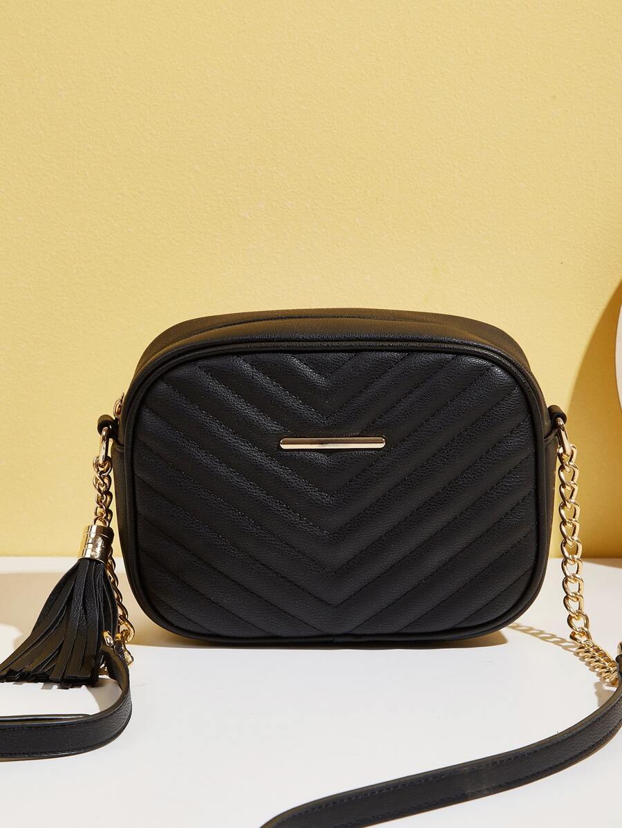 Tassel Decor Chevron Square Bag - Black - View 1