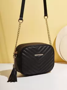Tassel Decor Chevron Square Bag - Black - View 5