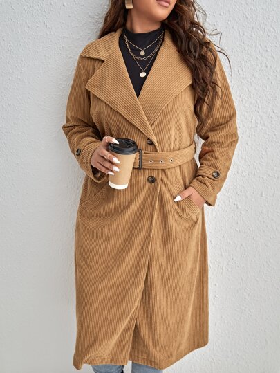 Plus Lapel Neck Double Breasted Belted Corduroy Coat