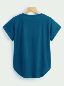 SHEIN LUNE Plus Roll Up Sleeve T-shirt - Teal Blue - View 2
