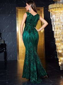 YISIKADO Vestido de fiesta de cuello V profundo con lentejuela en contraste - Verde Oscuro - Ver 2