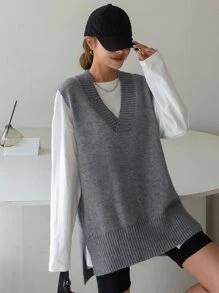 DAZY 1pc Split Hem Sweater Vest - Grey - View 1