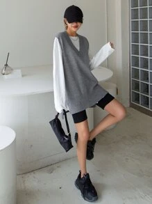 DAZY 1pc Split Hem Sweater Vest - Grey - View 3