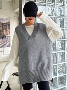DAZY 1pc Split Hem Sweater Vest - Grey - View 4
