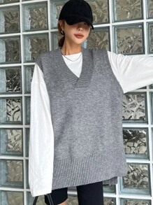 DAZY 1pc Split Hem Sweater Vest - Grey - View 5