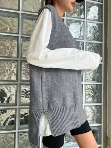 DAZY 1pc Split Hem Sweater Vest - Grey - View 6