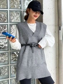 DAZY 1pc Split Hem Sweater Vest - Grey - View 7
