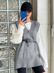 DAZY 1pc Split Hem Sweater Vest - Grey - View 8