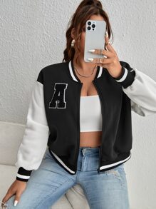 SHEIN EZwear Plus Letter Patched Striped Trim Drop Shoulder Bomber Jacket - Black and White - View 1