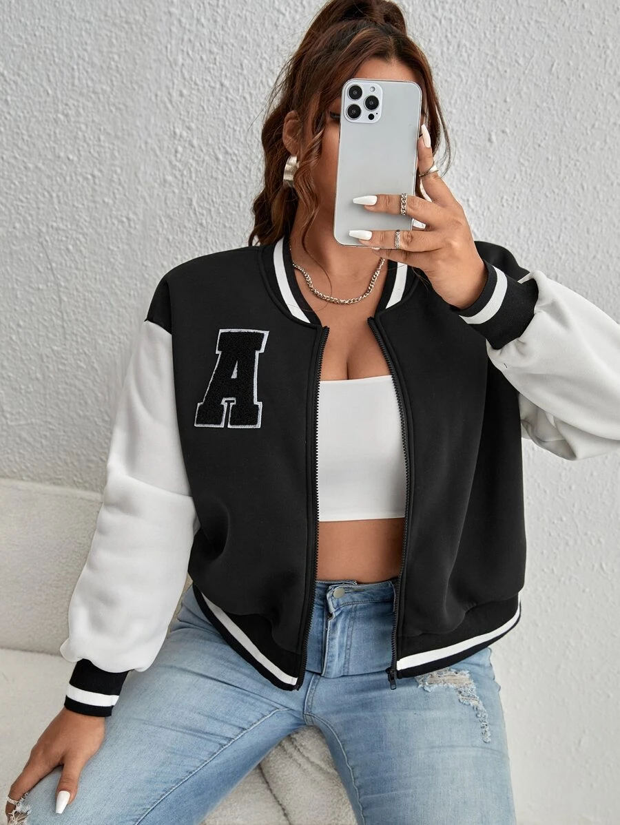 SHEIN EZwear Plus Letter Patched Striped Trim Drop Shoulder Bomber Jacket - Black and White - View 1