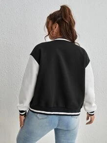 SHEIN EZwear Plus Letter Patched Striped Trim Drop Shoulder Bomber Jacket - Black and White - View 2