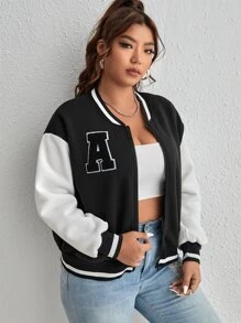 SHEIN EZwear Plus Letter Patched Striped Trim Drop Shoulder Bomber Jacket - Black and White - View 3