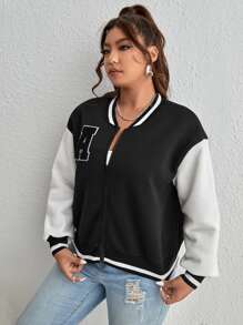 SHEIN EZwear Plus Letter Patched Striped Trim Drop Shoulder Bomber Jacket - Black and White - View 4