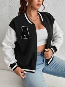 SHEIN EZwear Plus Letter Patched Striped Trim Drop Shoulder Bomber Jacket - Black and White - View 5