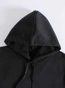 ROMWE MEN Street Life Guys Letter Graphic Kangaroo Pocket Drawstring Thermal Hoodie - Black - View 3