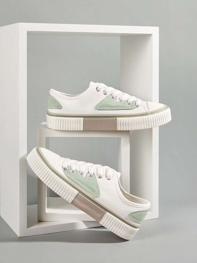 Zapatos de lona de lona con cordones en la parte delantera, zapatillas de deporte informales de lona con bloques de color de estilo pijo verde para mujer - Verde - Añade 1