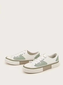 Lace-up Front Canvas Canvas Shoes, Green Preppy Style Colorblock Canvas Women's Casual Sneakers - Green - View 2