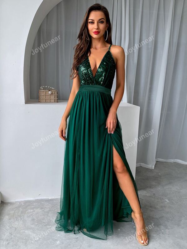 Joyfunear Rückenfreies Cami formelles Abendkleid mit Paillette, Mesh