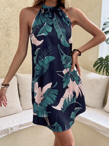 SHEIN VCAY Vestido halter con estampado tropical de espalda con abertura de ojo - Multicolor - Ver 4